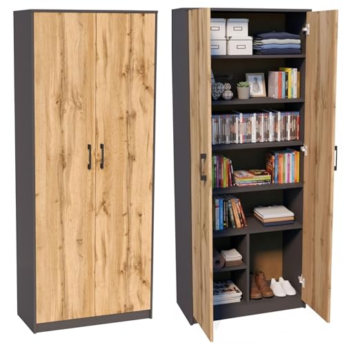 Home Collective Mehrzweckschrank mit 8 Fächern Besenschrank Haushaltsschrank in mattem Finish mit 6 Einlegeböden und 2 Türen 74 cm breit aus Laminatplatte und hochwertigen Polymergriffen graphit Eiche