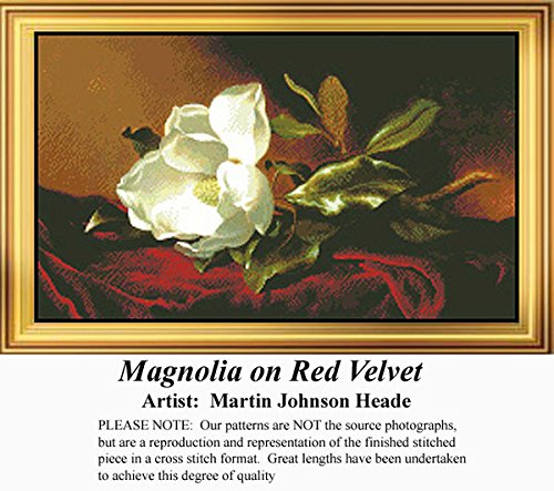 Magnolia on Red Velvet, Flower Counted Cross Stitch Pattern (Pattern Only, You Provide The Floss and Fabric)