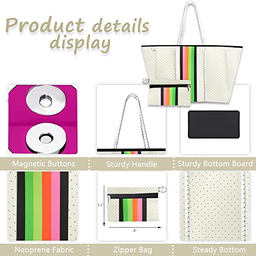 Beach Bag, Multipurpose Neoprene Tote Bag, Waterproof Shoulder Beach Tote, Large Tote Bag with Portable Wallet for Travel, Beach, Gym, Swimming （White）4