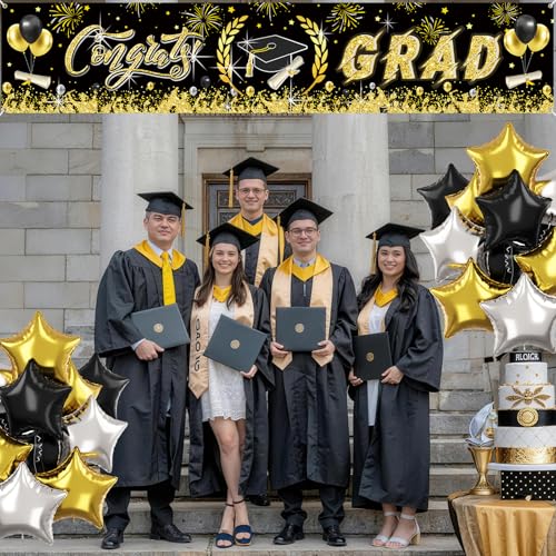 Image of Graduation Decorations, Graduation Banner 2026, Black and Gold Banner, Large Class of 2026 Party Decoration Congrat Grad Backdrop Yard Sign for Senior Commencement Indoor Outdoor Wall Yard 300 * 50cm