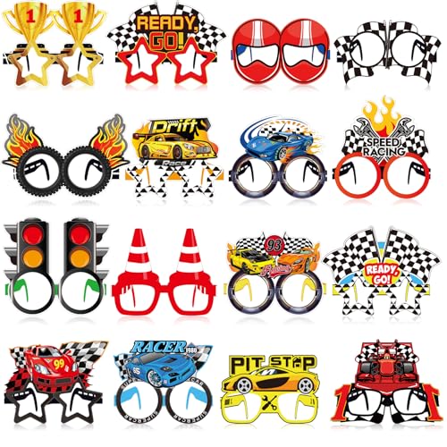Herdear 32 Pcs Race Car Party Favors Racing Paper Glasses Frame Trunk Car Theme Eyeglasses Favors for Boys Birthday Baby Shower Decorations Supplies