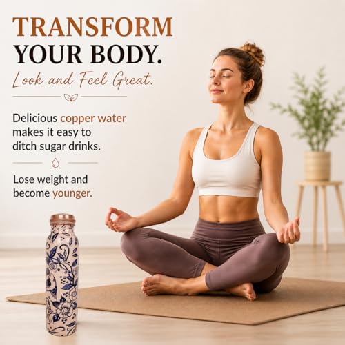 Image of Pure Copper Water Bottle - Handcrafted - Ayurveda health benefits - Large 1000 ml - Leak proof, Easy to carry for Sports, Fitness, Yoga, School- White Base Indigo Blue Floral Textured Enamel
