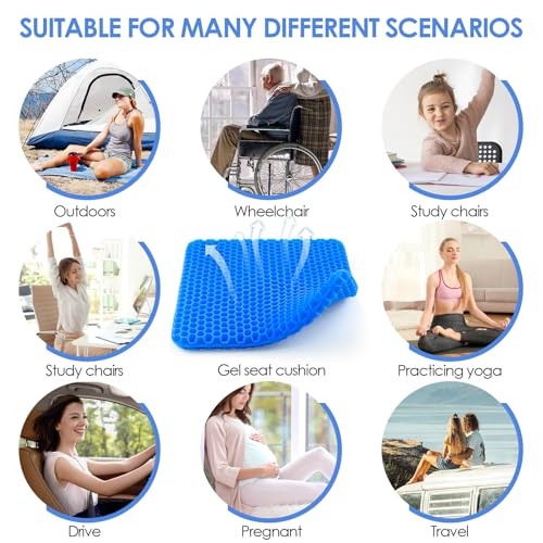 wiksite Gel-Sitzkissen, Wabendesign, doppelt dickes Gelkissen mit Stoffbezug, ergonomisches & kühles Sitzkissen für Zuhause, Büro, Stuhl, Auto, Rollstuhl, Sitzkissen, Blau - XL