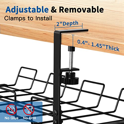 Under Desk Cable Management Trays, 2 Pack 15.7\'\' No Drill Alloy Steel Under Desk Cable Organizers, Wire Management Tray Cable Management Rack, Desk Cable Tray Wire Organizer Desk Cord Organizer
