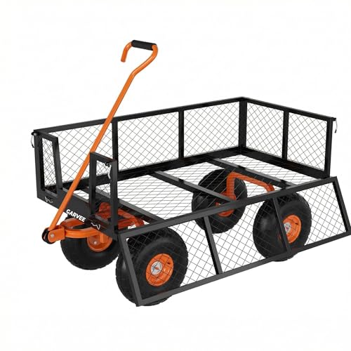 Garvee Steel Garden Cart, 500 LBS Capacity Utility Outdoor Wagon, Heavy Duty Mesh Garden Metal Wagon with Removable Sides, Flexible Handle and 10' Tires for Yard, Lawn, Garden