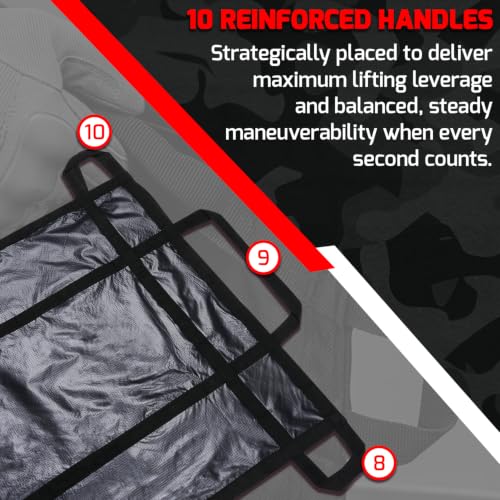 Image of MediTac Emergency Patient Transport Litter, Latex-Free Evacuation Sling with 10 Reinforced Handles, Durable Non-Woven Fabric, 750 lb Capacity, Compact Vacuum-Packed Design, Black, 6-Pack
