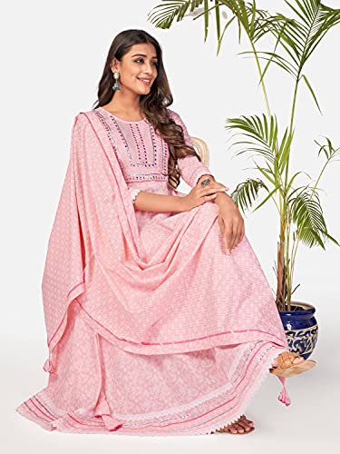 Image of Vbuyz Women's Printed & Handwork Anarkali Cotton Kurta with Pant & Dupatta | Kurta Set For Women | Suit Set For Women | Kurti Dress Set | Cotton Fabric Set
