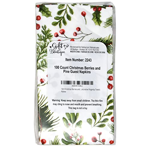 Gift Boutique - 100 Christmas Berries and Pine Guest Napkins Disposable Paper, Xmas Holly Berry Greenery Dinner Hand Napkin Towel for Home, Powder Room, Wedding, Party, Decorative Fingertip Towels