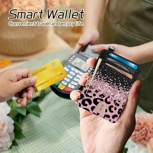 Image of Small Travel Wallets, Pink Glitter Leopard Slim Minimalist Front Pocket Wallet with Wristlet, RFID Blocking PU Leather Credit Card Holder with ID Window Change Purse for Men Women