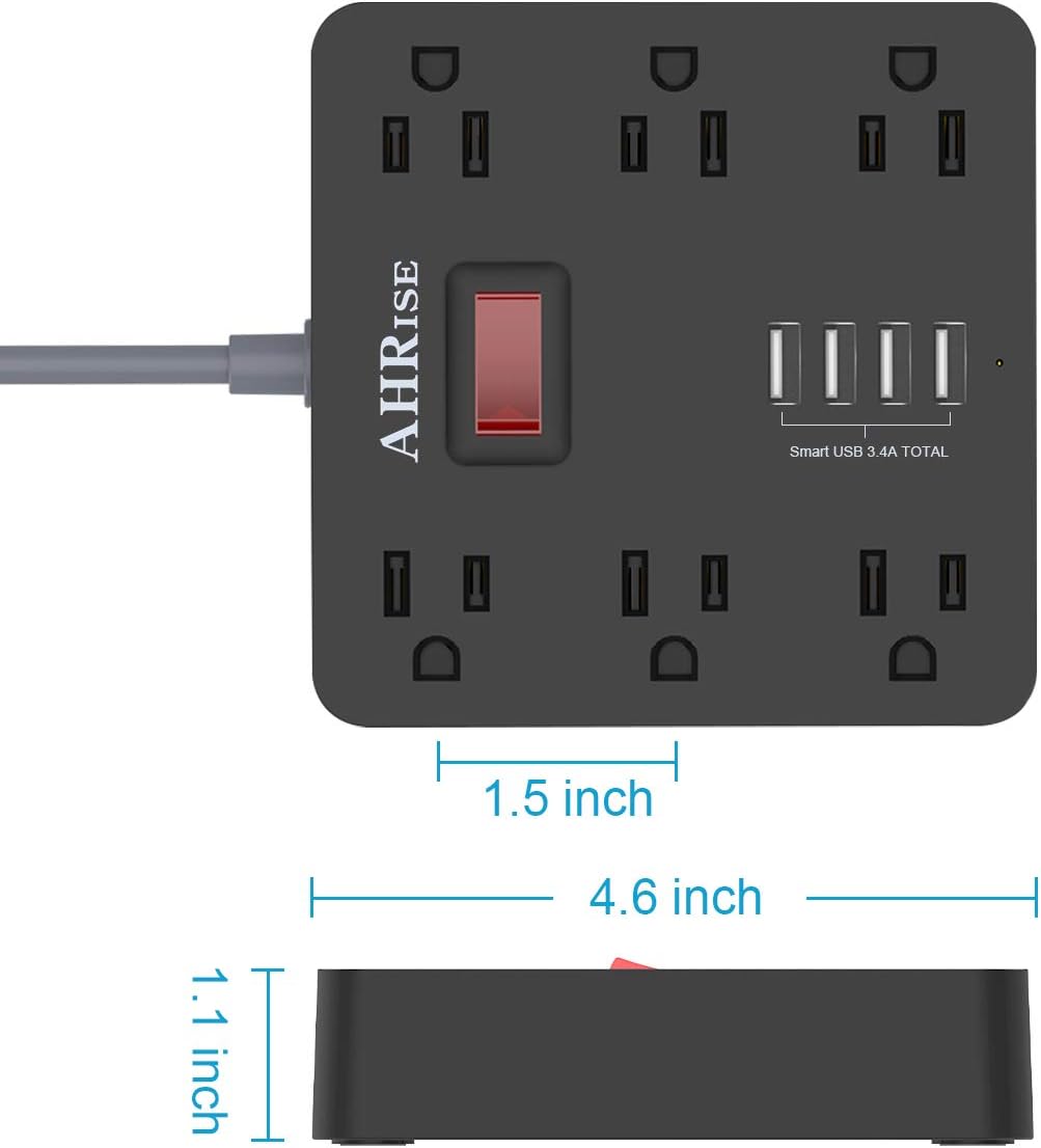 Power Strip, AHRISE Extension Cord with 6 AC Outlets and 4 USB Charging Ports(5V/3.4A,17W) for Smartphone Tablets Home, Office, Hotel, Cruise Ship, 5 Feet Long Cord, ETL Listed -Black
