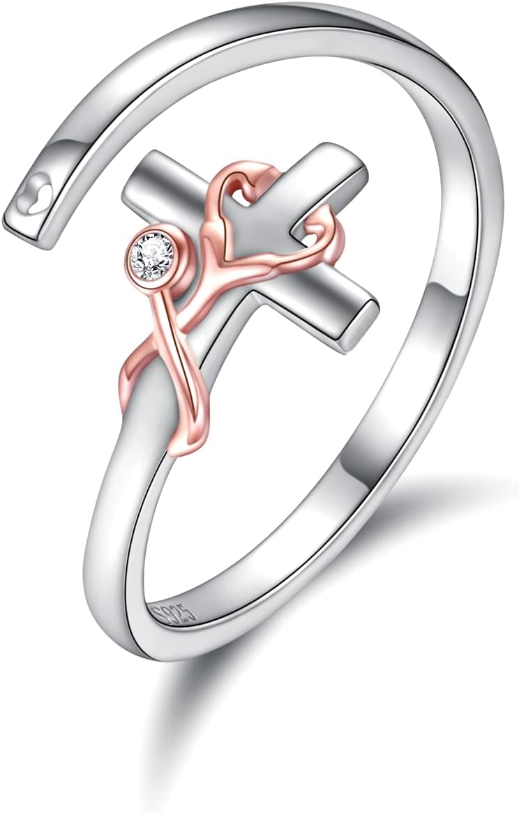 Sterling Silver Stethoscope Cross Necklace Earrings Bracelet Ring Women Medicine Pendant Jewelry Nurse Doctor Graduation Gift for Medical Student