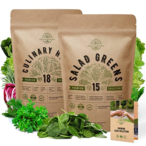 18 Most Popular Culinary Herbs & 15 Salad Greens Seeds Variety Packs Non-GMO Heirloom Seeds for Planting Indoor and Outdoor. Over 12500 Seeds.