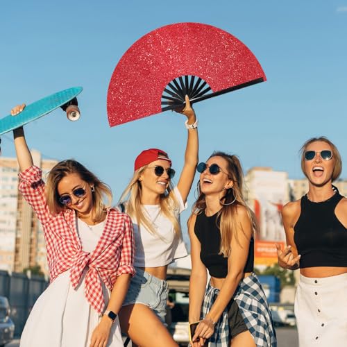 Image of Vercraft 13'' Large Rave Fan for Women Rave Accessories Festival Outfits Glitter Hand Folding Clack Fan for Line Dancing EDM Music Festival Outfits(Red)