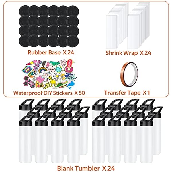24 Pack Sublimatie Tumbler 20oz drievoudig geïsoleerde roestvrijstalen sportwaterfles met rietje deksel blanco sublimatie beker met doe-het-zelf stickers, krimpfolie, rubberen basis, warmteband voor