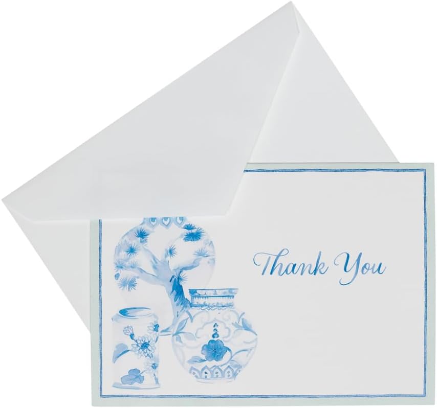 Caspari Glazed Porcelain Thank You Notes with Envelopes, Premium Thank You Card Set, 8 Cards, 4 x 6 Inches, Printed in USA