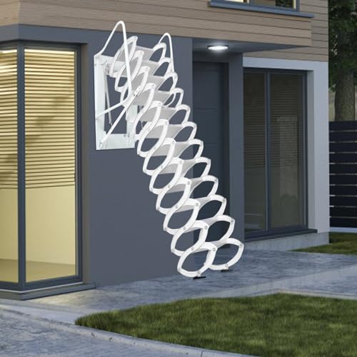 Attic Stairs, Attic Ladder Pull Down System, 9.5-10FT Wall Mounted Folding Stairs with Armrests, 12 Steps Wall Mounted Attic Loft Ladder w/ 882 lbs Strong Load-Bearing for Attics & Basements, White