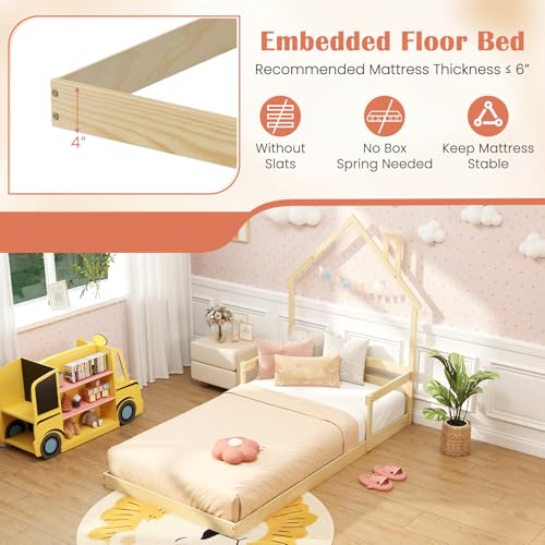 Giantex Twin Floor Bed for Kids, Wood Montessori Bed with Chimney Headboard, Without Slats, House Floor Beds Frame for Boys, Girls, Natural - Image 7