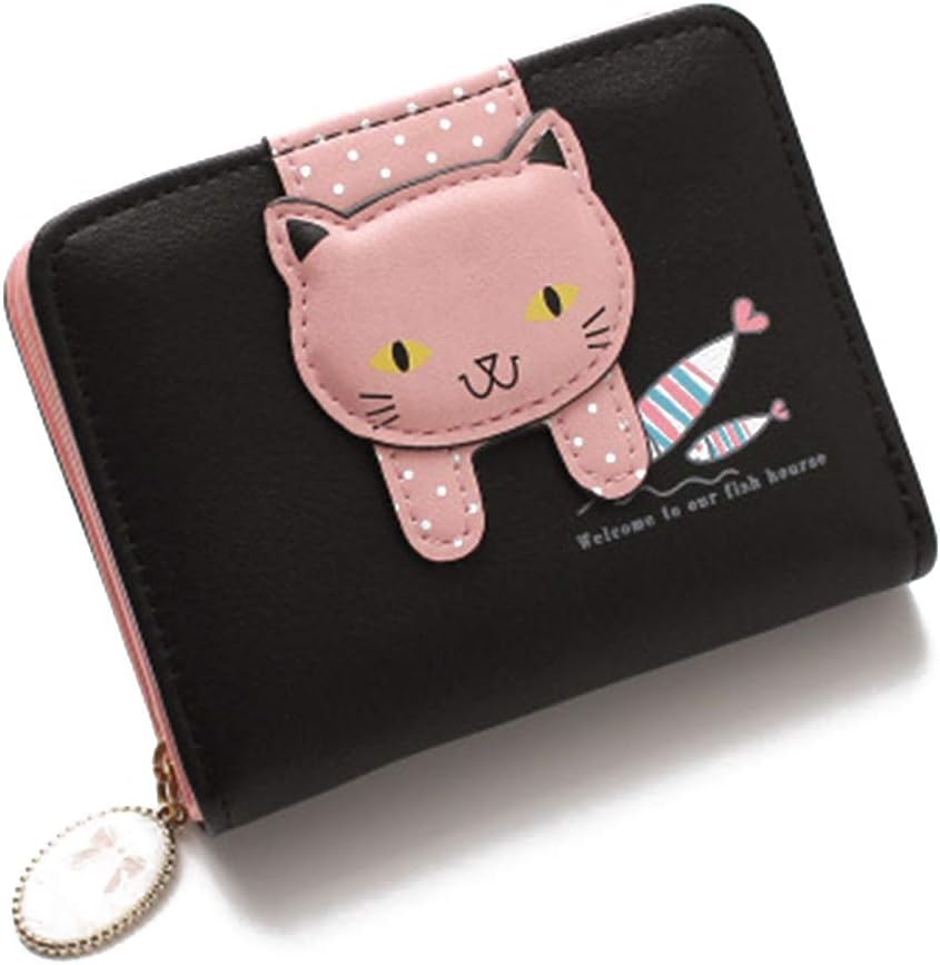 Women Wallet Money Bag Small Cute Coin Purse (Black-cat)