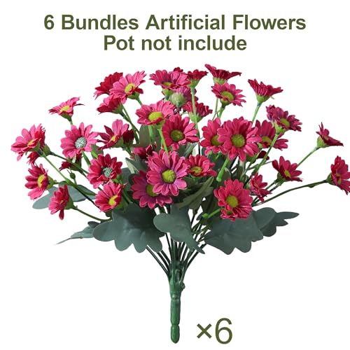Image of HyeFlora Artificial Mums for Outdoors Fall Decor, 6 Bundles Fake Flowers UV Resistant Realistic Faux Flowers Bouquet Silk Flowers for Outside Planter Porch Patio Garden Yard Balcony Home, Fushsia