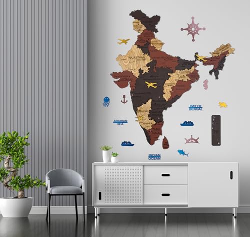 Image of Elk Wooden 3D India Map Wall Decor With All State Names and Capital Cities, Perfect Home Office Wall Decor for Travel Enthusiasts | Size : XXL(180x164 CM)