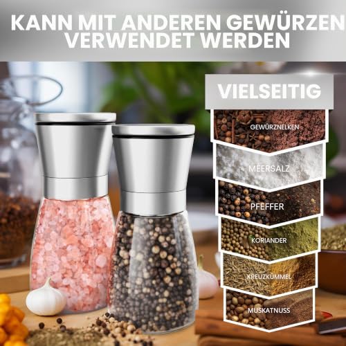 Foto von Hochwertiges Set aus Salzmühle und Pfeffermühle von HOME EC - Eistellbare Seesalzmühle & Pfeffermühle – Hohe Salz- und Pfefferstreuer – Pfeffer und Salzmühle mit Trichter und Ebook (2 Stück 5 Zoll)