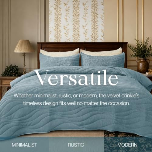 Image of DOWN HOME Crinkle Textured Velvet Quilt Set with Shams, All-Season Luxury Modern Bedding,Easy Care Comforter,Ultra-Soft,Lightweight & Breathable, Queen, Celestial Blue