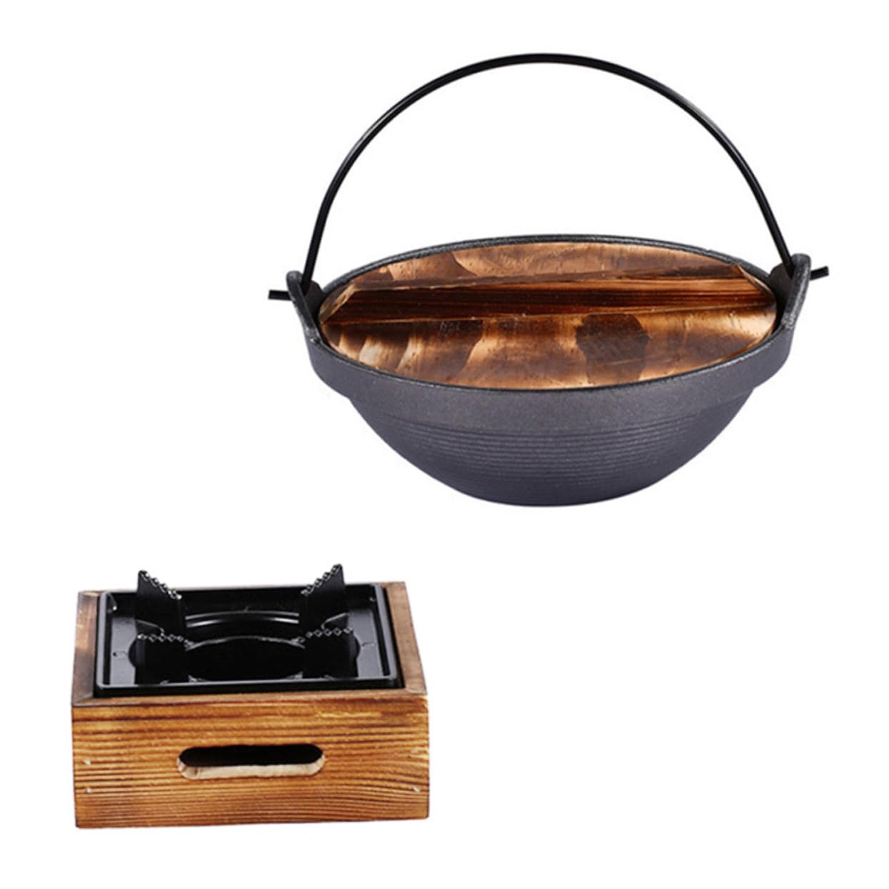 UPKOCH Olla Diseño Resistente de Hierro y Madera Estilo Japonés de Hierro Fundido para Cocinar Fideos Instantáneos con Material Seguro Adecuado para Cocina en Casa