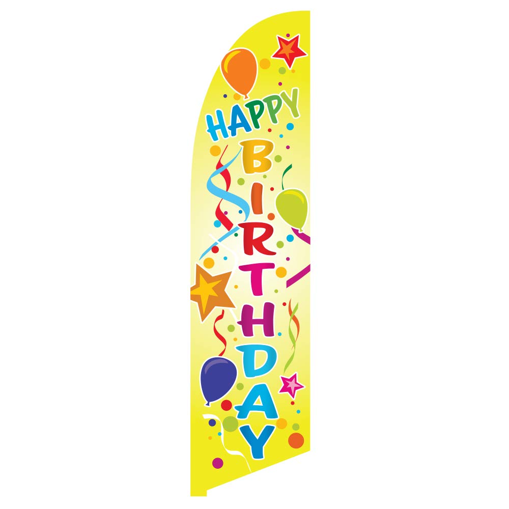 Vispronet Happy Birthday Feather Flag - Made from Tear-Resistant Polyester, Visible from Both Sides - 2.6ft x 11.2ft Swooper Flag - Flag Only