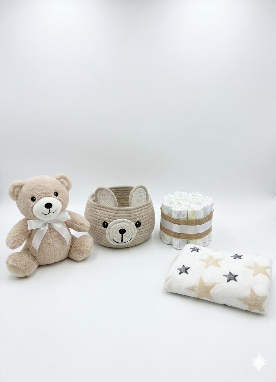 Tarta Pañales para Bebé Recien Nacido con Cesta Regalo con Peluche Oso Marrón y Manta con Dedicatoria Canastilla Bebe Original Sensitive Unisex Detalle Nacimiento Baby (2 Pisos 25 Pañales Talla 2)