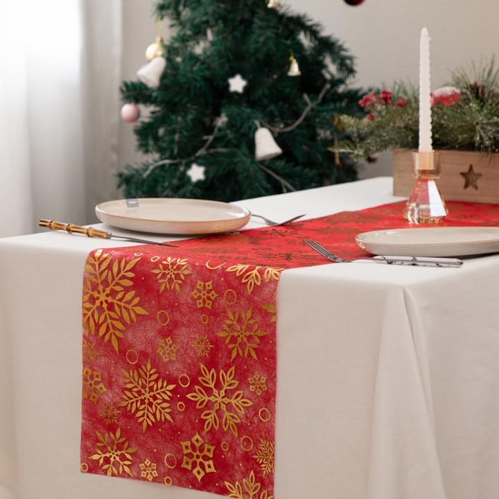 Qidordour Camino de mesa, 28 cm × 15 m, camino de mesa, Navidad, rojo, de poliéster, con copos de nieve chapados en oro, decoración navideña