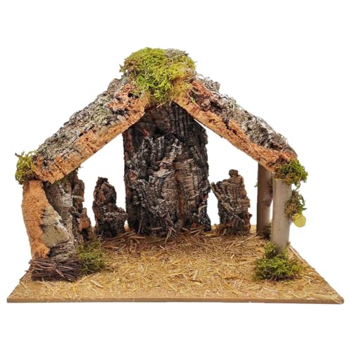 Acan Tradineur Caverna / Portal de presépio de cortiça, presépio com teto triangular e musgo para o nascimento, figura de Natal, ornamento, decoração tradicional, 30 x 20 x 23 cm