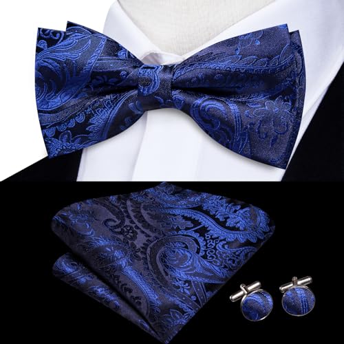 Image of Hi-Tie Bow Tie Men Pre Tied Bowtie Pocket Square Cufflinks Lapel Pin Formal Wedding Bow Ties for Men Party Tuxedo Bowtie Set,Blue Paisley Floral