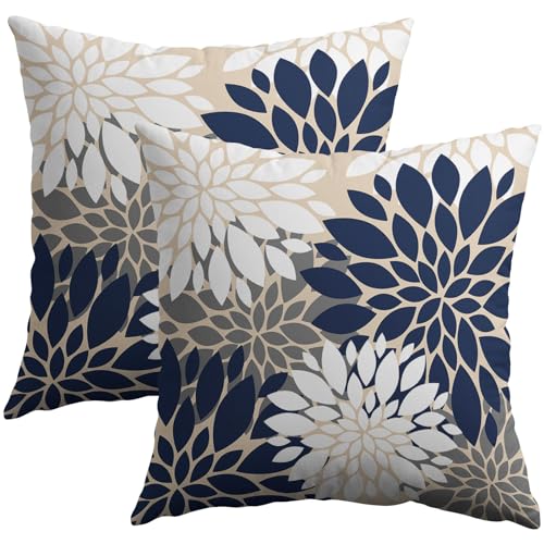 Smozenith Navy White Grey Gray Pillow Covers 16X16 Inch Set of 2, Summer Modern Geometry Dahlia Floral Print Decorative Throw Pillow Covers Outdoor Farmhouse Cushion Case for Couch Sofa Bed Decor