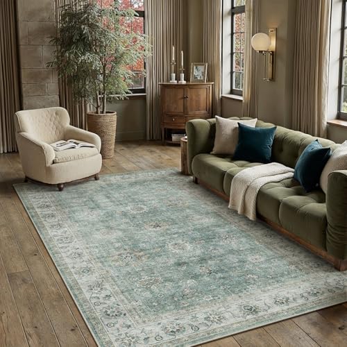6x9 Washable Area Rug for Living Room Bedroom Teal Blue Vintage Distressed Rustic Low Pile Carpet Non-Slip Soft Throw Rug for Indoor Dining Room Offic