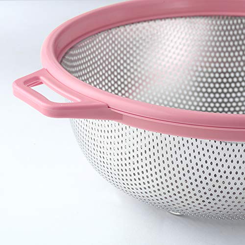 Hiramware Stainless Steel Colander With Handle And Legs, Large Metal Pink Strainer For Pasta, Spaghetti, Berry, Veggies, Fruits, Noodles, Salads, 5-Quart 10.5” Kitchen Mesh Colander, Dishwasher Safe #TOP5