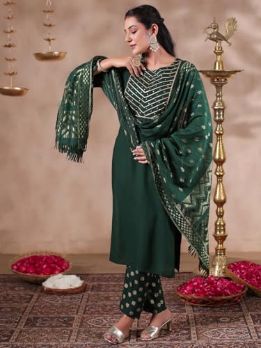 Image of ishin Women's Viscose Rayon Yoke Design Green Straight Kurta Suit Set with Trousers and Dupatta