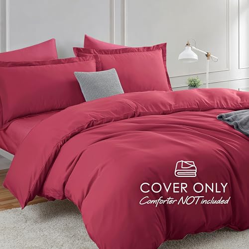 Image of Hearth & Harbor Burgundy Red Duvet Cover with Fitted Sheet King Size | 4 Piece Soft Double Brushed Bedding Set, Button Closure, 1 Duvet Cover 104x90 Inches, 1 Fitted Sheet, 2 Pillow Shams