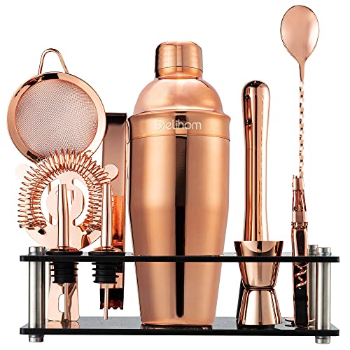 Juego de 10 cocteleras con soporte de exhibición, juego de herramientas de barra de acero inoxidable de 750 ml, kit profesional de camarero para barras en el hogar y eventos al aire libre (oro rosa) Cover