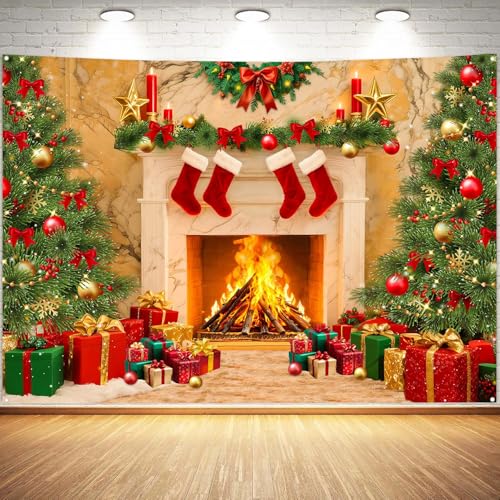 Christmas Backdrops for Photography Winter Fireplace Theme 7x5 FT