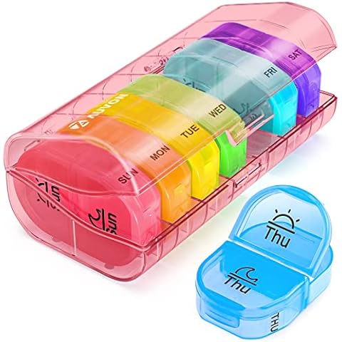 AUVON Pill Organiser with Free Smartphone Reminder App, Pill Box 7 Day 2 Times A Day with 7 Colorful Attachable Tablet Box for Medicine, Medication, Vitamin, Supplement and Fish Oil Cover