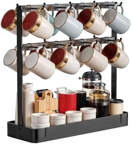 Coffee Mug Holder with 16 Movable Hooks, Metal Coffee Cup Holder for Countertop, 2 Tier Mug Rack with Storage Shelf for Kitchen Office Coffee Mug Rack