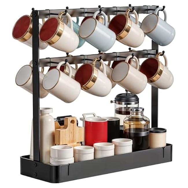 Coffee Mug Holder with 16 Movable Hooks, Metal Coffee Cup Holder for Countertop, 2 Tier Mug Rack with Storage Shelf for Kitchen Office Coffee Mug Rack