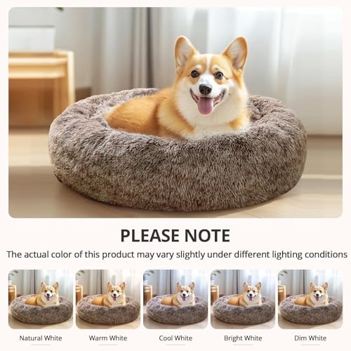 Image of JOLLYVOGUE Calming Dog Bed Medium Size Dog, 31in Donut Washable Medium Pet Bed, Anti-Slip & Anti-Anxiety Fluffy Faux Fur Round Dogs Bed, Fits up to 45 lbs Pets (Smoke Brown)