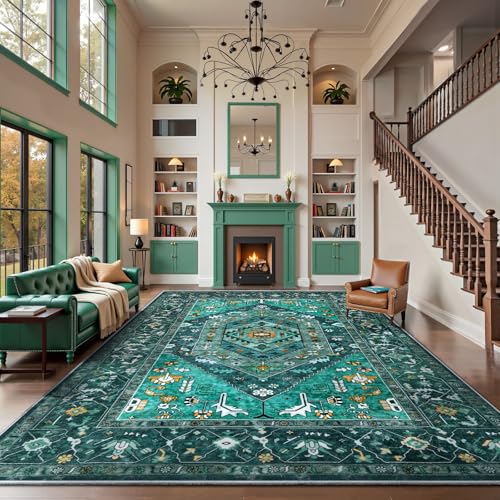 SERISSA Washable Rugs 9x12 Area Rugs, Large Non-Slip Boho Living Room Teal Rug, Ultra Soft Vintage Print Distressed Oriental Tribal Farmhouse Carpet for Dining Room Bedroom Dorm Office Home Decor