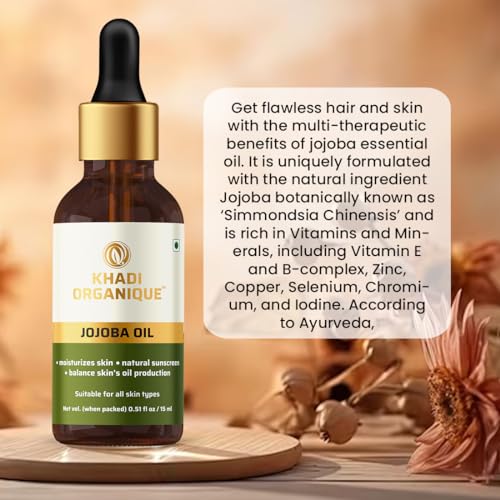 Image of Khadi Organique 100% Pure Jojoba Essential Oil with Vitamin E for Skin & Hair | Helps to Reduce Acne, Inflammation & Irritation | Ideal for Aromatherapy, Diffuser, Massage & Glowing Skin - 15ml