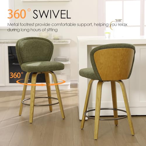 Image of HNY Swivel Counter Height Bar Stools, 26 Inch, Green, Set of 4 | Natural Wooden Leg and Back, Modern Chenille Upholstered, For Kitchen Island