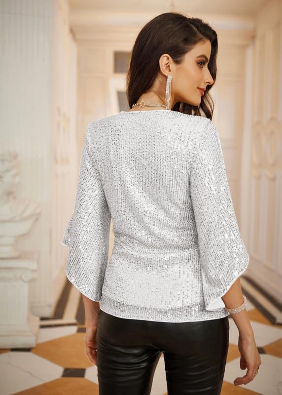GRACE KARIN Womens Sparkly Sequin Tops,3/4 Sleeve Glitter Party Dressy Blouse,V-Neck Disco Evening Club Concert Shirt - Image 4