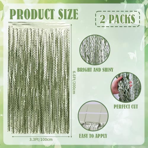 Image of TONIFUL 2Pcs Wavy Matte Sage Green Metallic Foil Fringe Curtains Streamers
