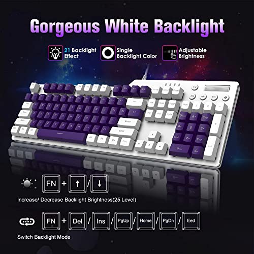 Mechanical Gaming Keyboard Hot Swappable With Multi Monochromatic Backlight 104 Key Anti-Ghosting Ergonomic Metal Plate Multimedia Key Usb Wired For Pc Mac Gamer Office Typist(White Purple/Red Switch) #TOP4