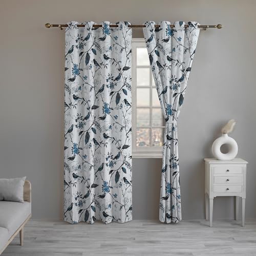 Image of LINENWALAS Decorative Printed Cotton Semi Sheer Curtains 9 Feet Long Set of 2 Panel, Eyelet Ring Hanging, Turquoise Bird Printed Door Curtains (L-9 x W-4.5 Feet, Turquoise Bird)